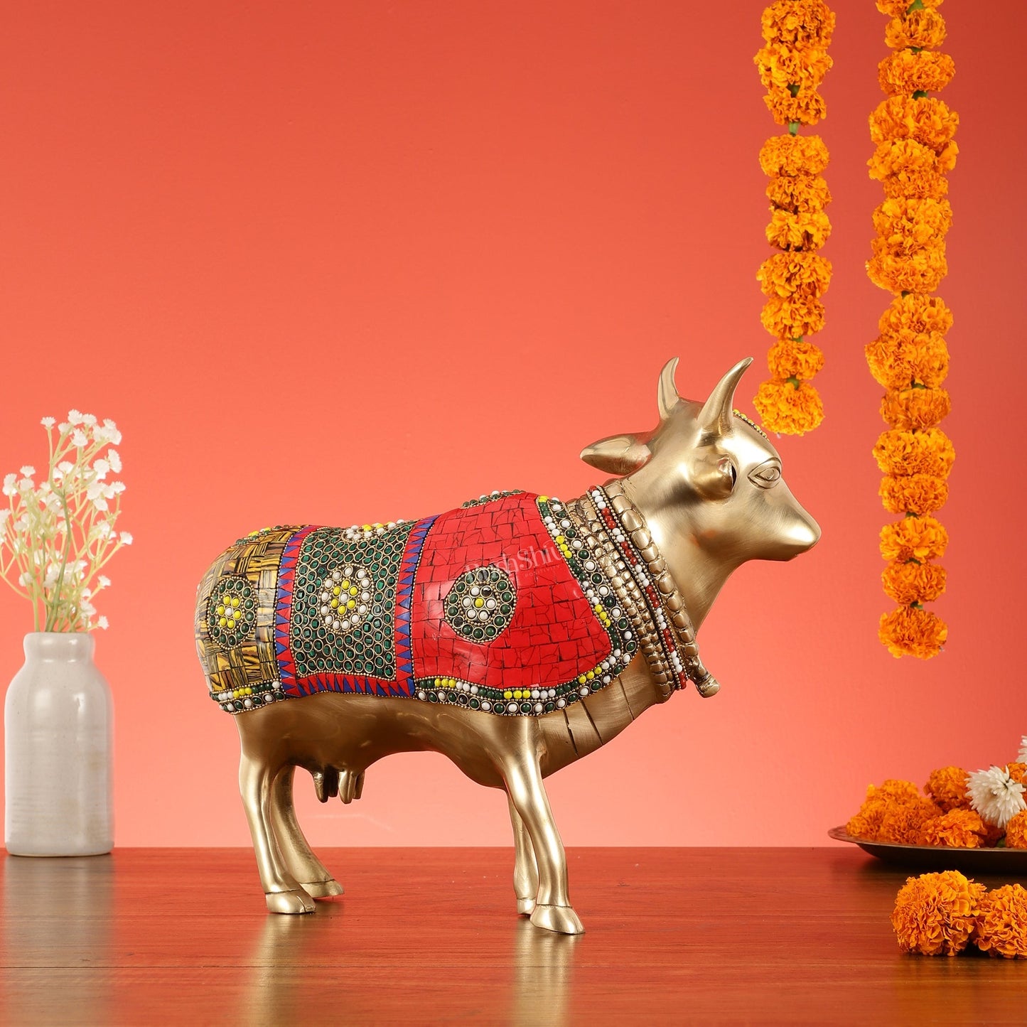 Brass Standing Cow Idol - Gomatha Statue with stonework | 13 inch
