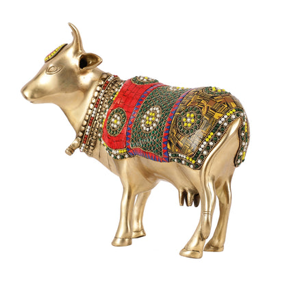 Brass Standing Cow Idol - Gomatha Statue with stonework | 13 inch