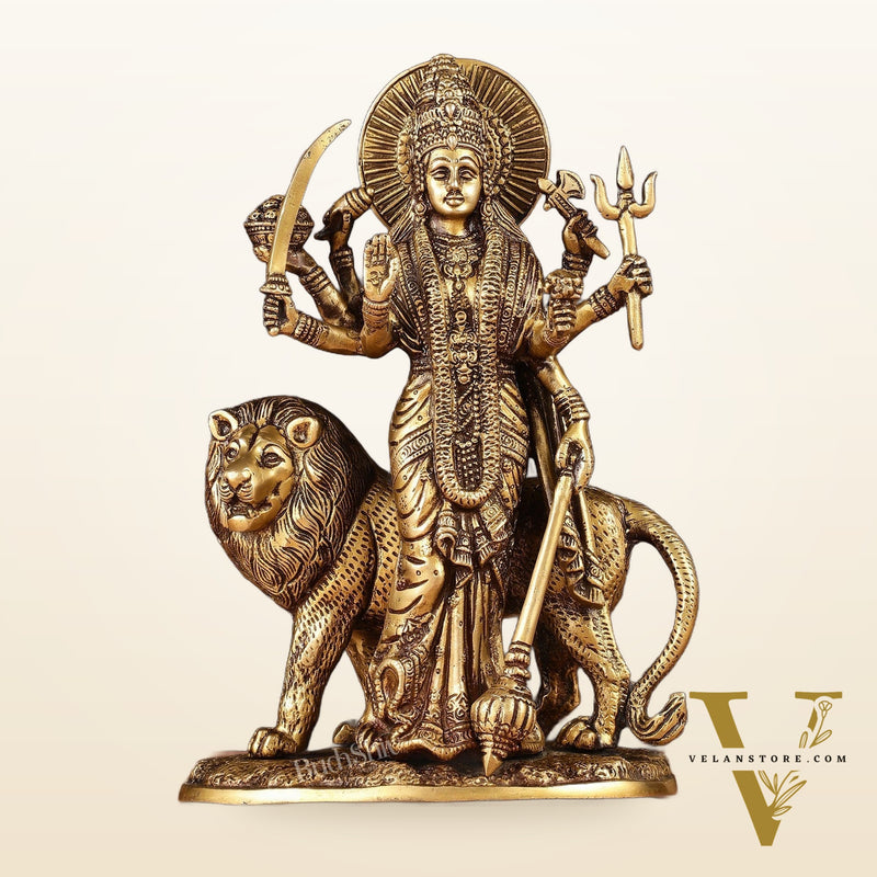 Brass Standing Durga Lion eight Armed Idol - 10.5"