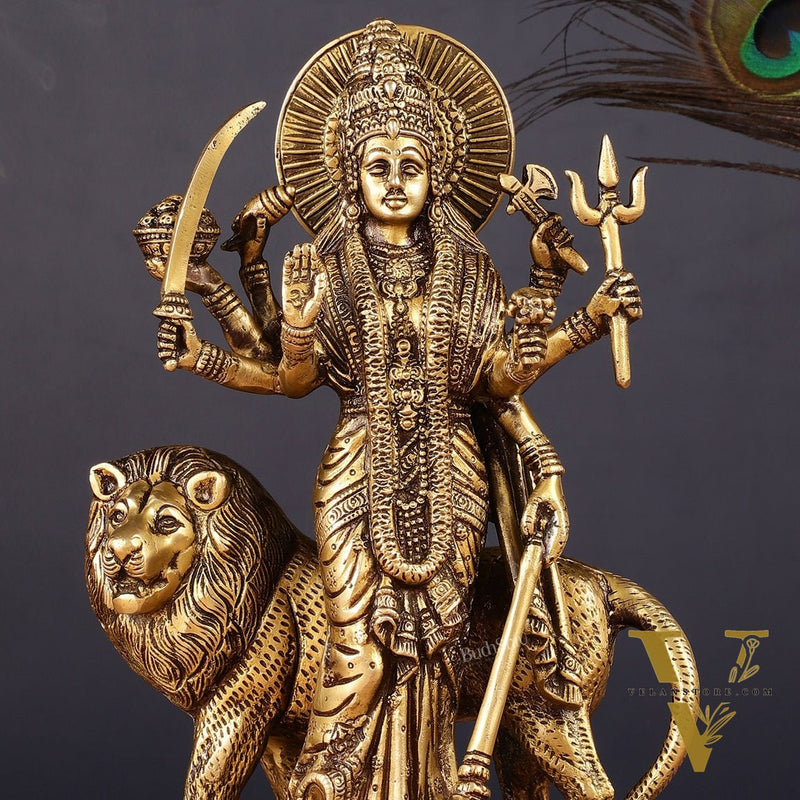 Brass Standing Durga Lion eight Armed Idol - 10.5"