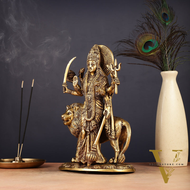 Brass Standing Durga Lion eight Armed Idol - 10.5"