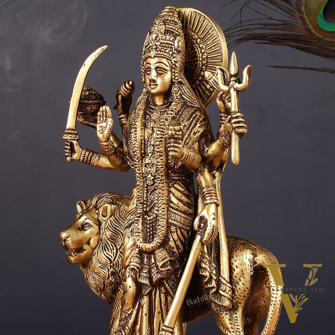 Brass Standing Durga Lion eight Armed Idol - 10.5"