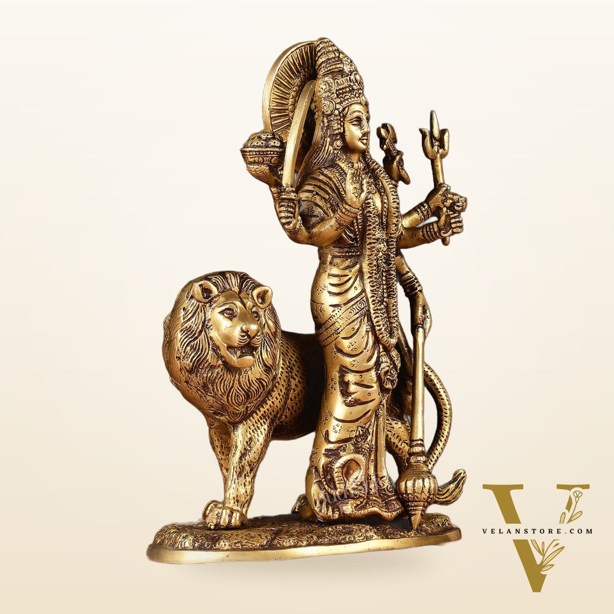Brass Standing Durga Lion eight Armed Idol - 10.5"