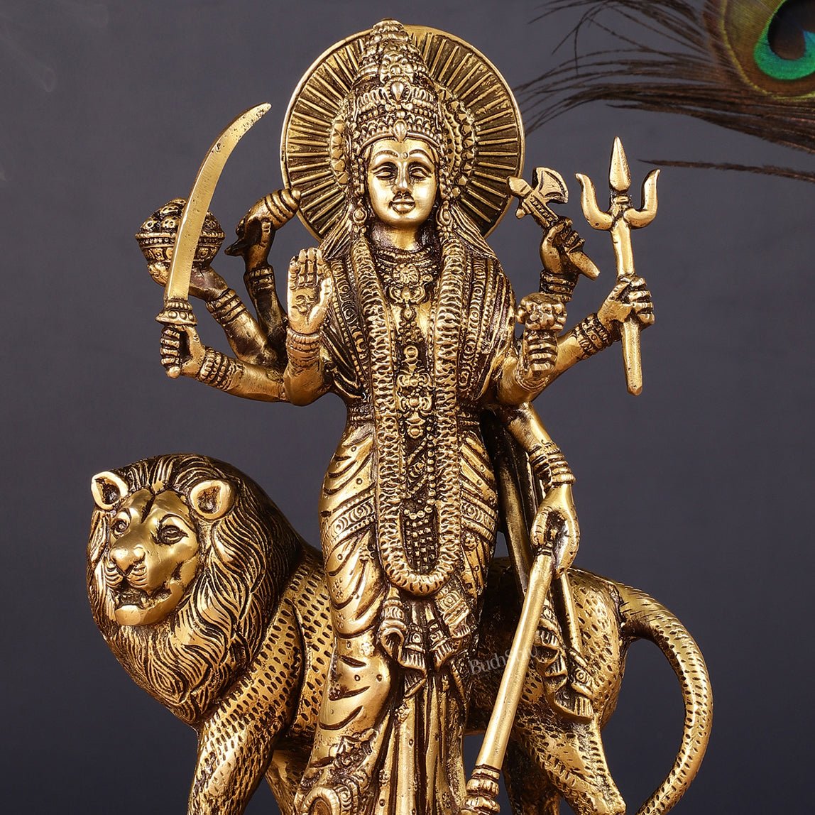 Brass Standing Durga Lion eight Armed Idol - 10.5"