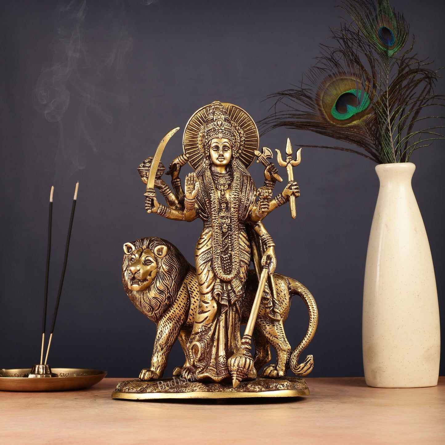 Brass Standing Durga Lion eight Armed Idol - 10.5"