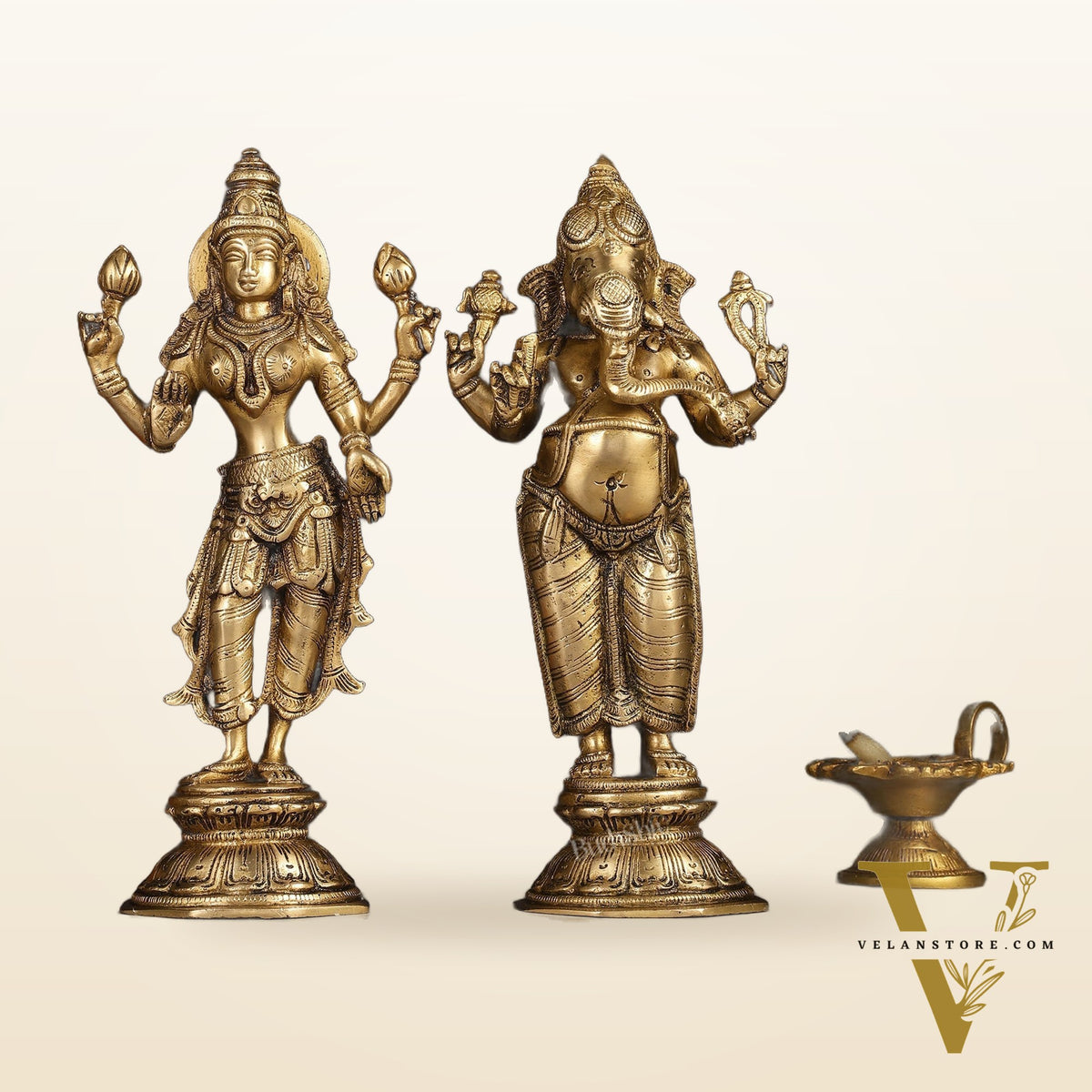 Brass Standing Ganesh Lakshmi Idol Set 10"