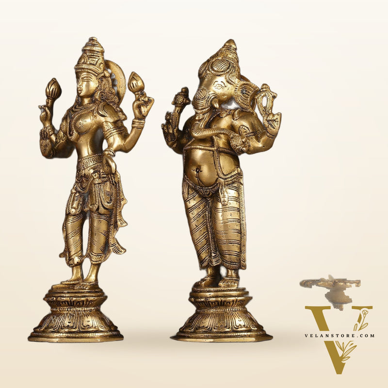 Brass Standing Ganesh Lakshmi Idol Set 10"