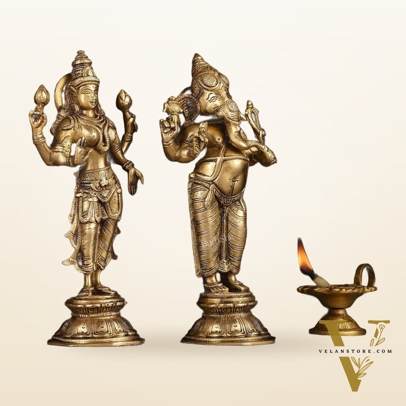Brass Standing Ganesh Lakshmi Idol Set 10"