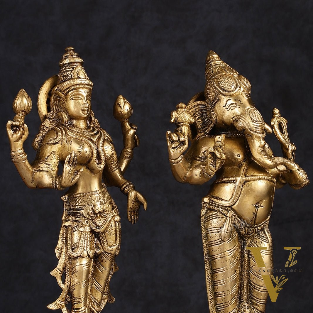 Brass Standing Ganesh Lakshmi Idol Set 10"