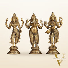 Brass Standing Ganesh Lakshmi Saraswati Idol Set 10"