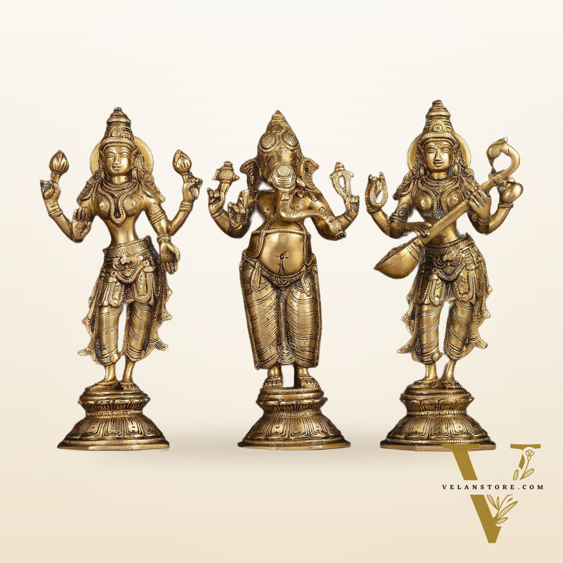Brass Standing Ganesh Lakshmi Saraswati Idol Set 10"