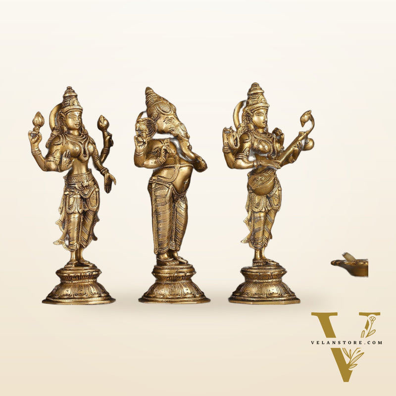 Brass Standing Ganesh Lakshmi Saraswati Idol Set 10"