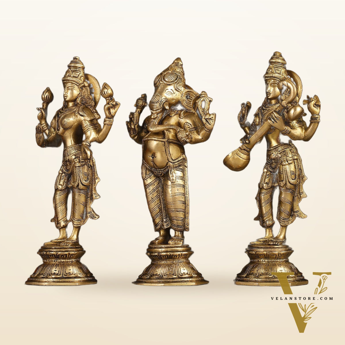Brass Standing Ganesh Lakshmi Saraswati Idol Set 10"