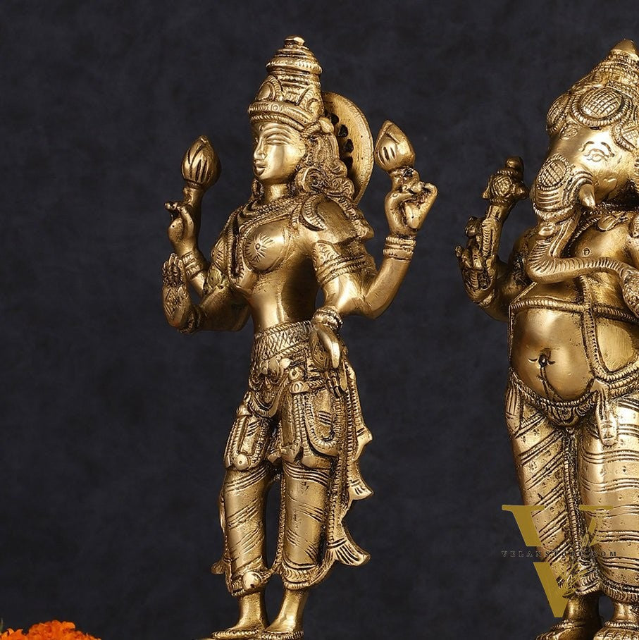 Brass Standing Ganesh Lakshmi Saraswati Idol Set 10"