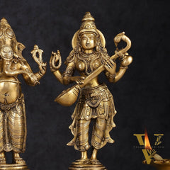 Brass Standing Ganesh Lakshmi Saraswati Idol Set 10"