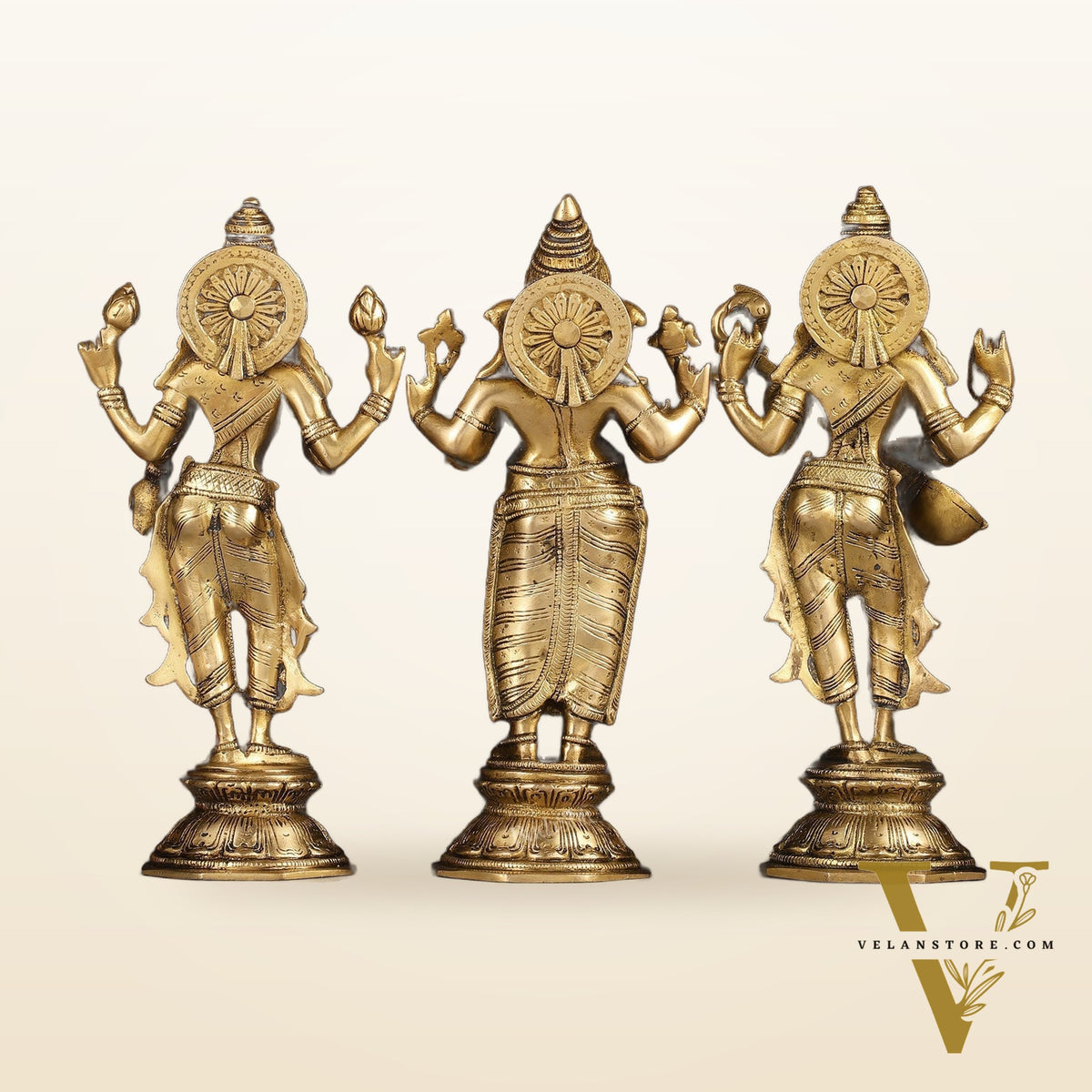 Brass Standing Ganesh Lakshmi Saraswati Idol Set 10"
