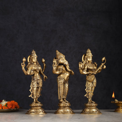 Brass Standing Ganesh Lakshmi Saraswati Idol Set 10"