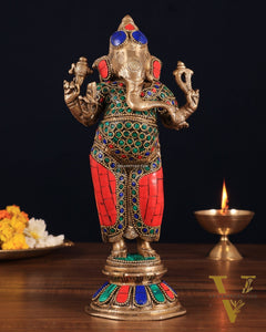 Brass Standing Ganesha Idol 10" with stonework