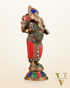 Brass Standing Ganesha Idol 10" with stonework