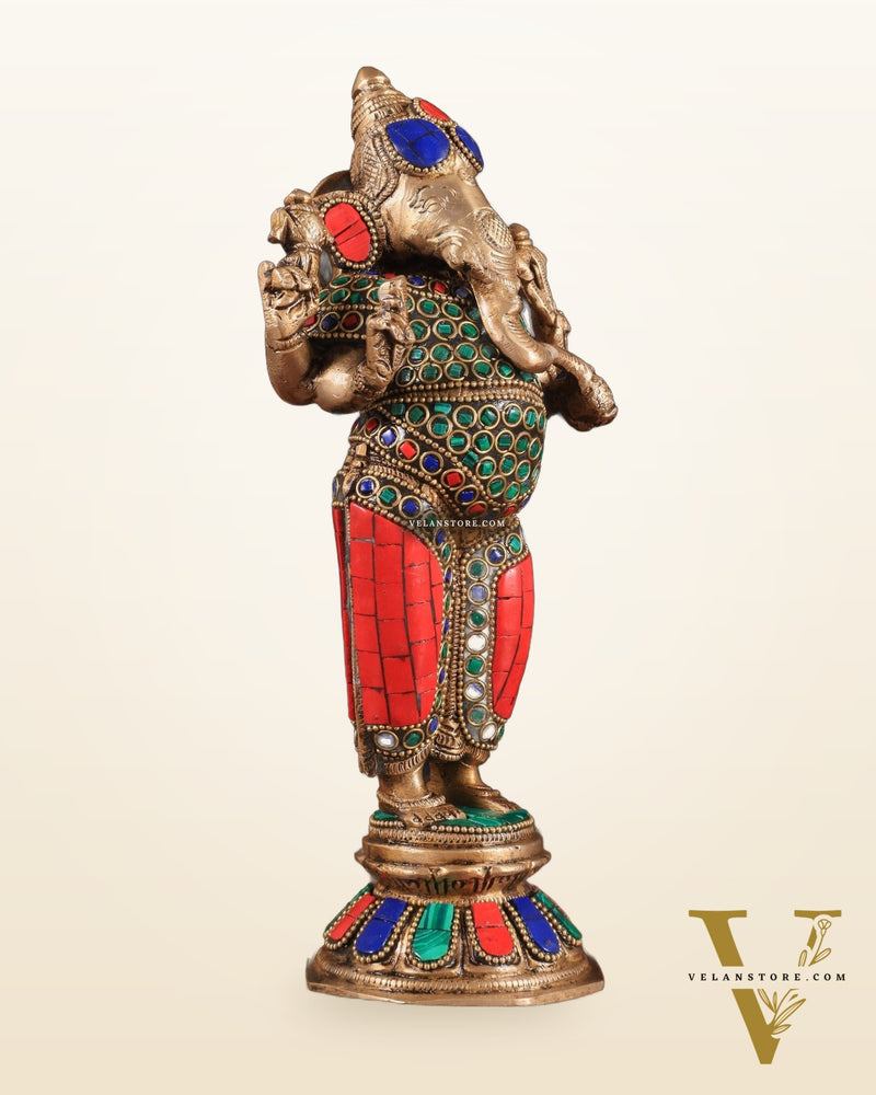 Brass Standing Ganesha Idol 10" with stonework