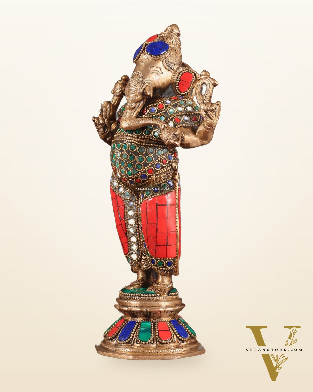 Brass Standing Ganesha Idol 10" with stonework
