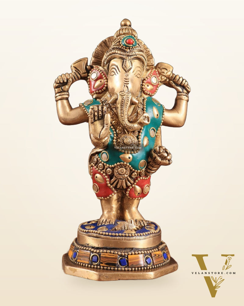 Brass Standing Ganesha Idol | Height 6.5 inch with stonework