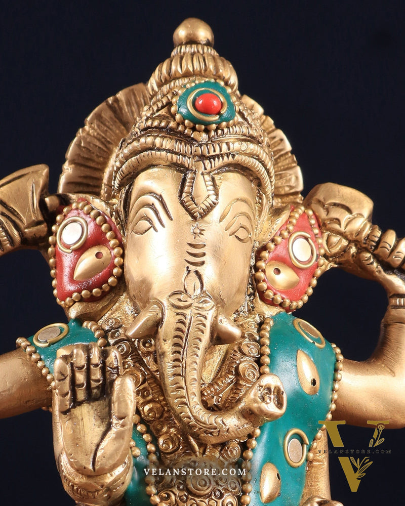 Brass Standing Ganesha Idol | Height 6.5 inch with stonework