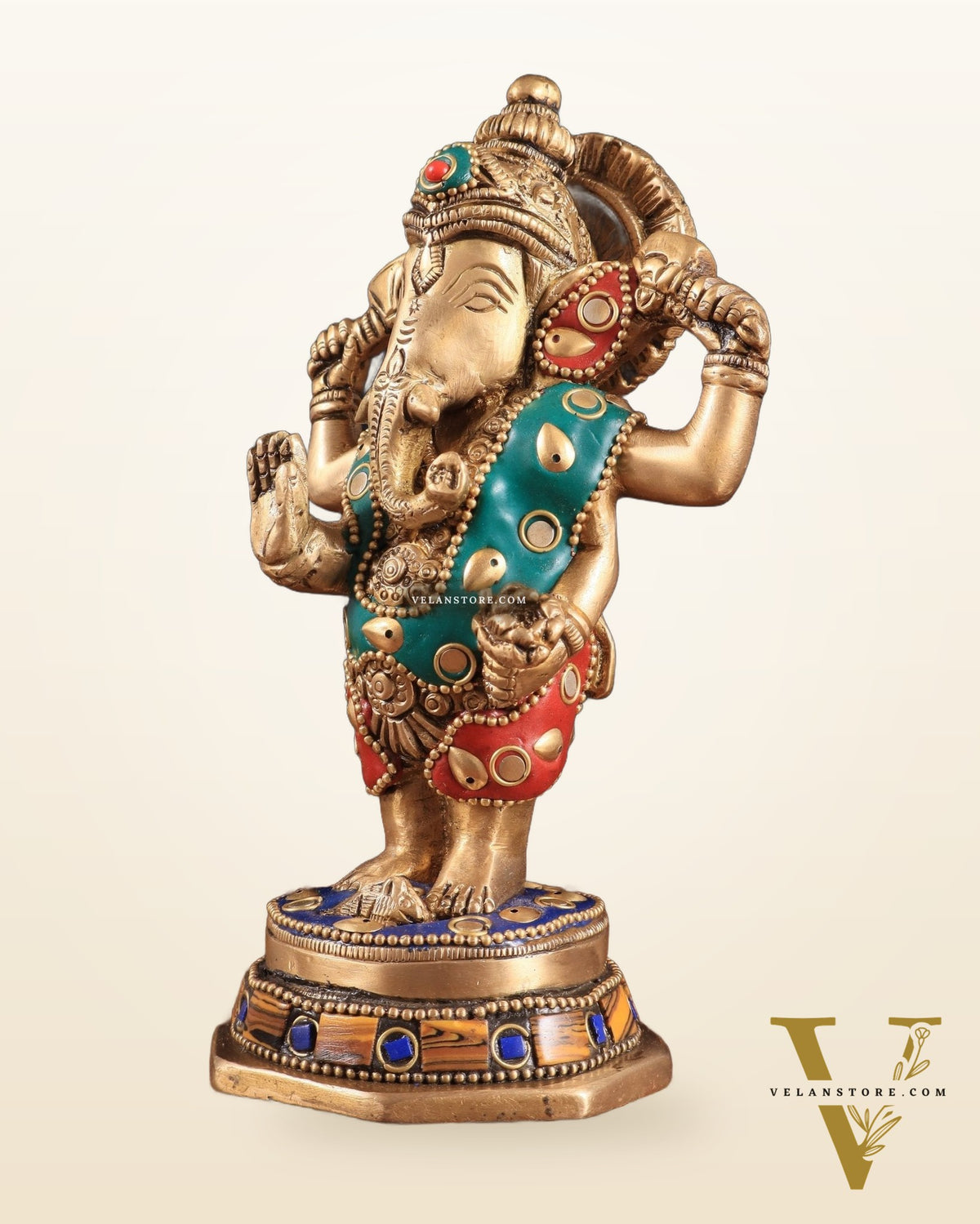 Brass Standing Ganesha Idol | Height 6.5 inch with stonework
