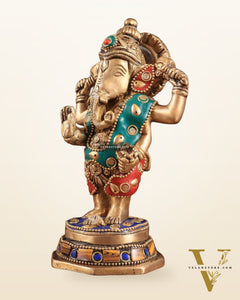 Brass Standing Ganesha Idol | Height 6.5 inch with stonework