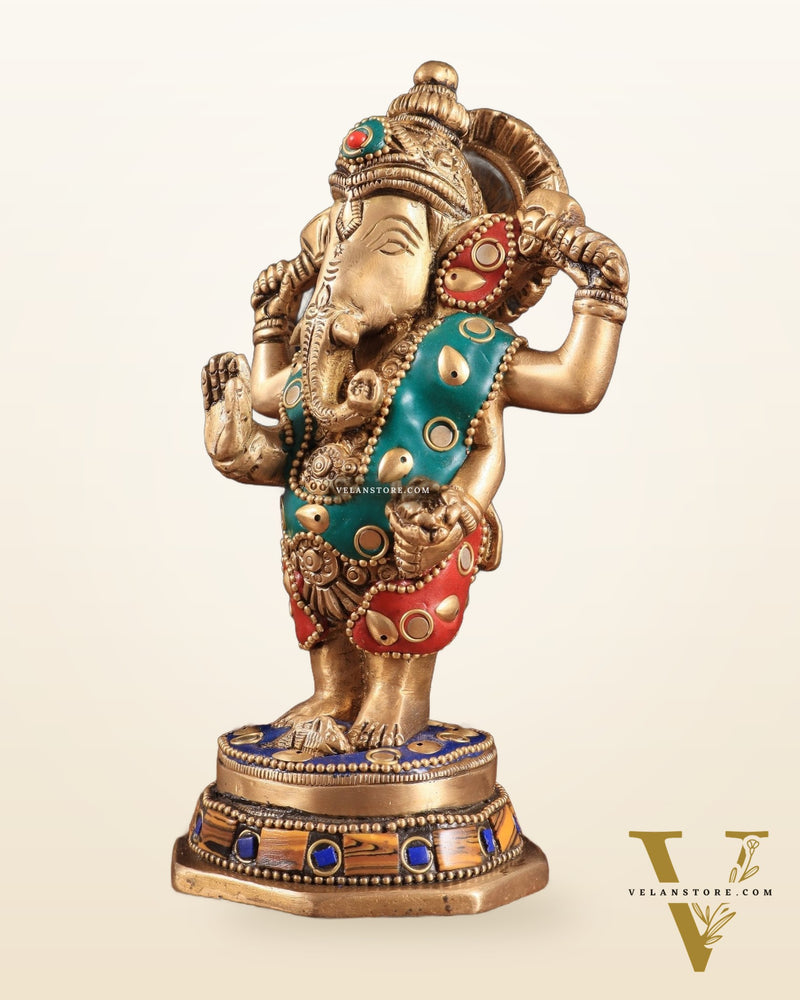 Brass Standing Ganesha Idol | Height 6.5 inch with stonework