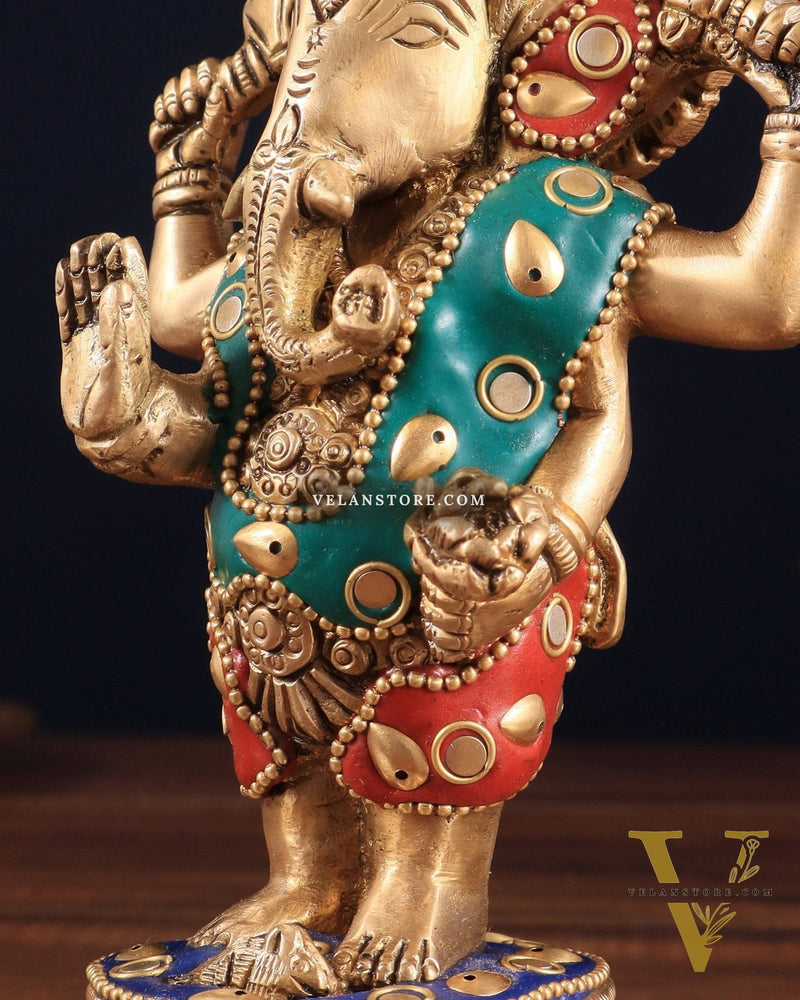 Brass Standing Ganesha Idol | Height 6.5 inch with stonework