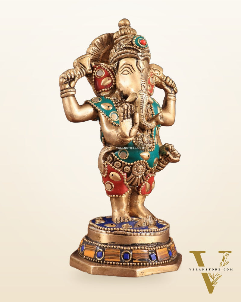 Brass Standing Ganesha Idol | Height 6.5 inch with stonework
