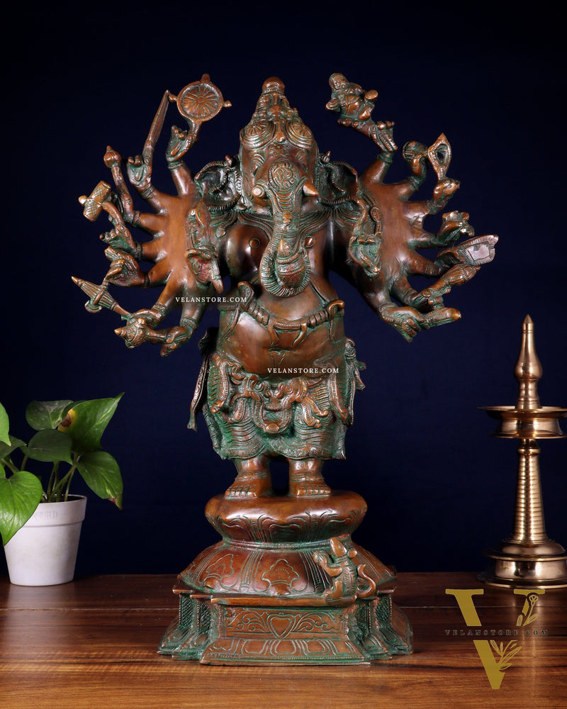 Brass Standing Ganesha Statue with Sixteen Arms - 19" veer ganapathy sculpture