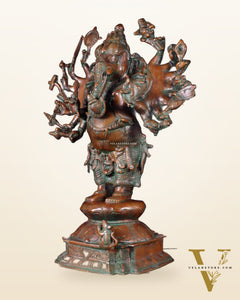 Brass Standing Ganesha Statue with Sixteen Arms - 19" veer ganapathy sculpture