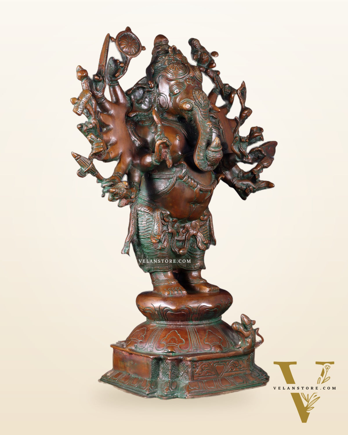 Brass Standing Ganesha Statue with Sixteen Arms - 19" veer ganapathy sculpture