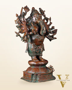 Brass Standing Ganesha Statue with Sixteen Arms - 19" veer ganapathy sculpture