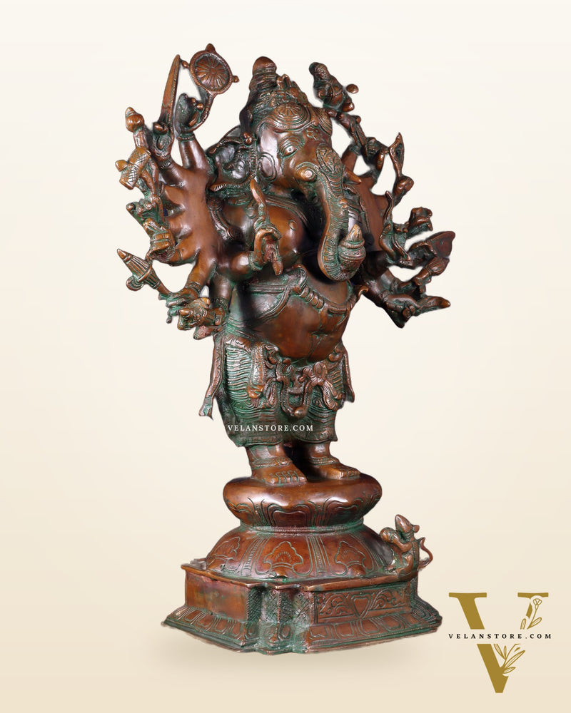 Brass Standing Ganesha Statue with Sixteen Arms - 19" veer ganapathy sculpture
