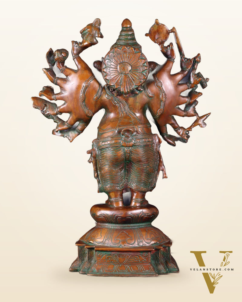 Brass Standing Ganesha Statue with Sixteen Arms - 19" veer ganapathy sculpture