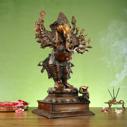 Brass Vira Ganesha Statue with 16 Arms - 24 Inches | Brown Antique & Gold Finish