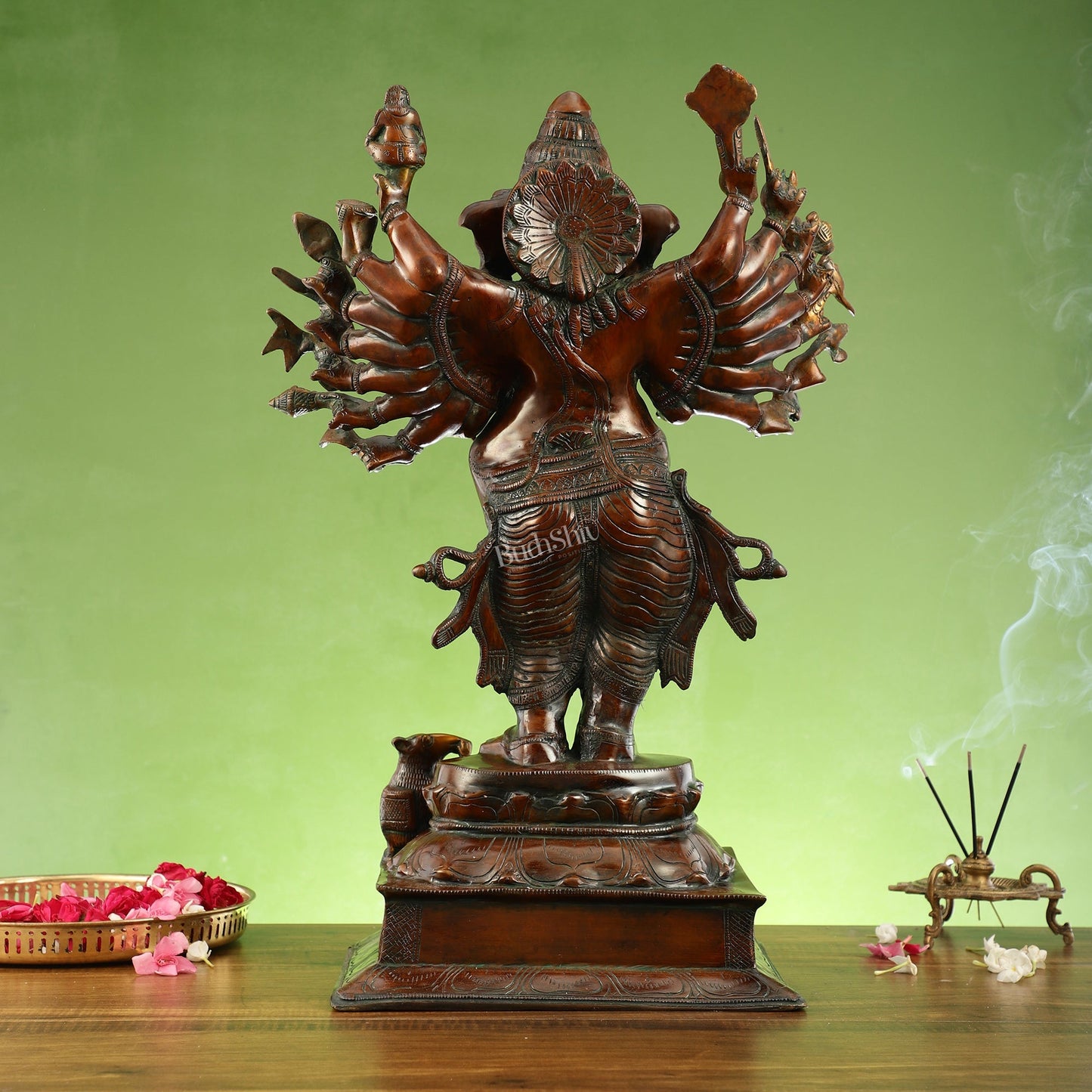 Brass Vira Ganesha Statue with 16 Arms - 24 Inches | Brown Antique & Gold Finish