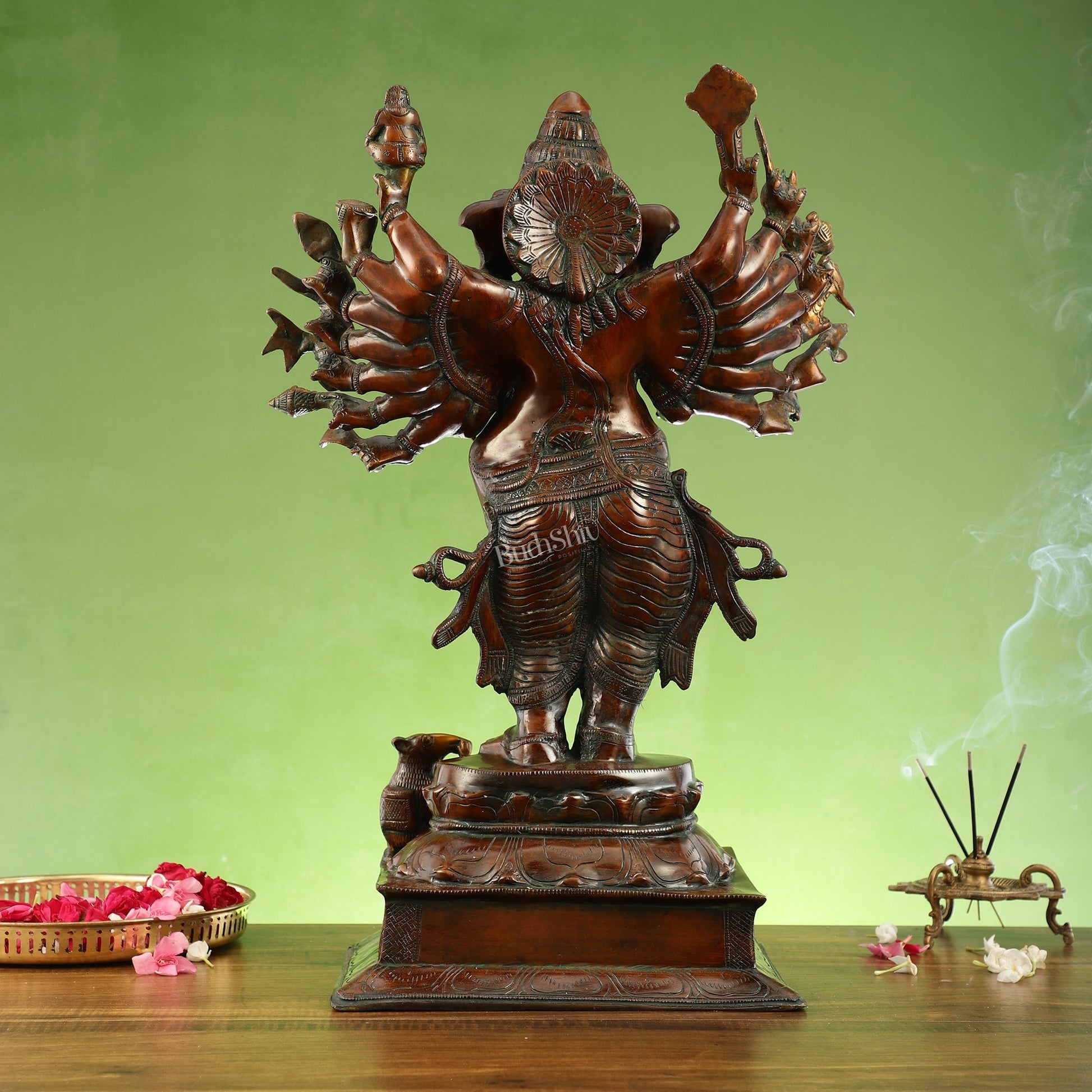 Brass Vira Ganesha Statue with 16 Arms - 24 Inches | Brown Antique & Gold Finish