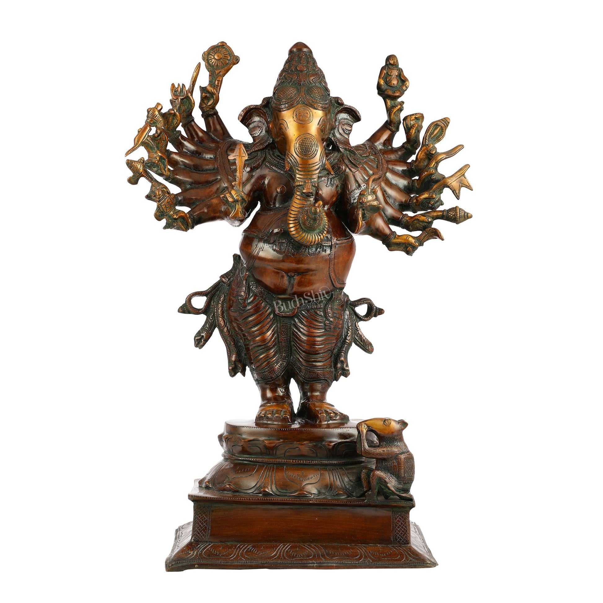 Brass Vira Ganesha Statue with 16 Arms - 24 Inches | Brown Antique & Gold Finish