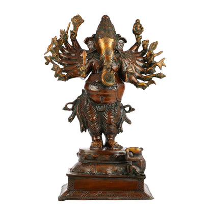 Brass Vira Ganesha Statue with 16 Arms - 24 Inches | Brown Antique & Gold Finish