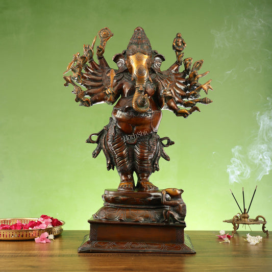 Brass Vira Ganesha Statue with 16 Arms - 24 Inches | Brown Antique & Gold Finish