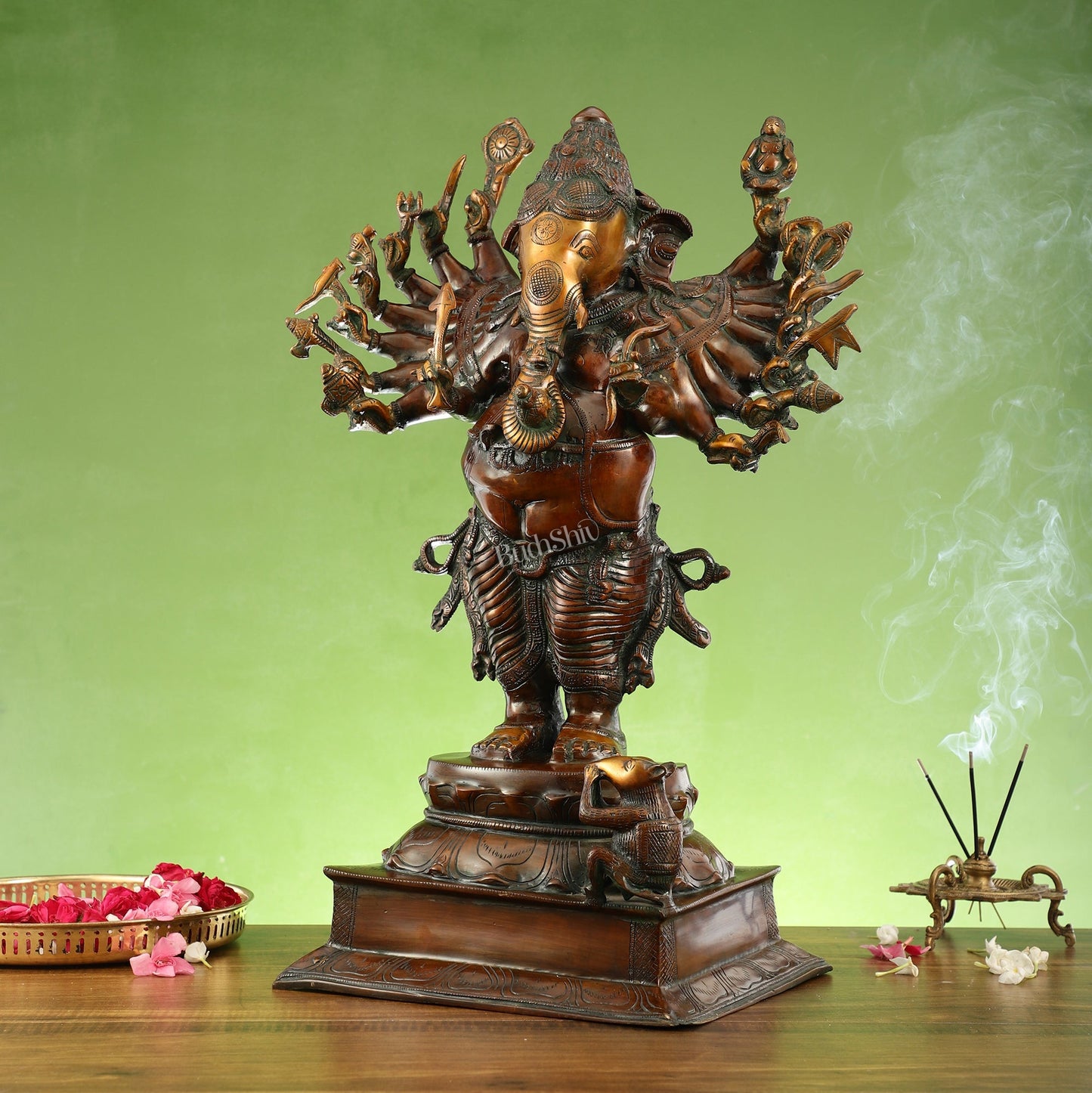 Brass Vira Ganesha Statue with 16 Arms - 24 Inches | Brown Antique & Gold Finish
