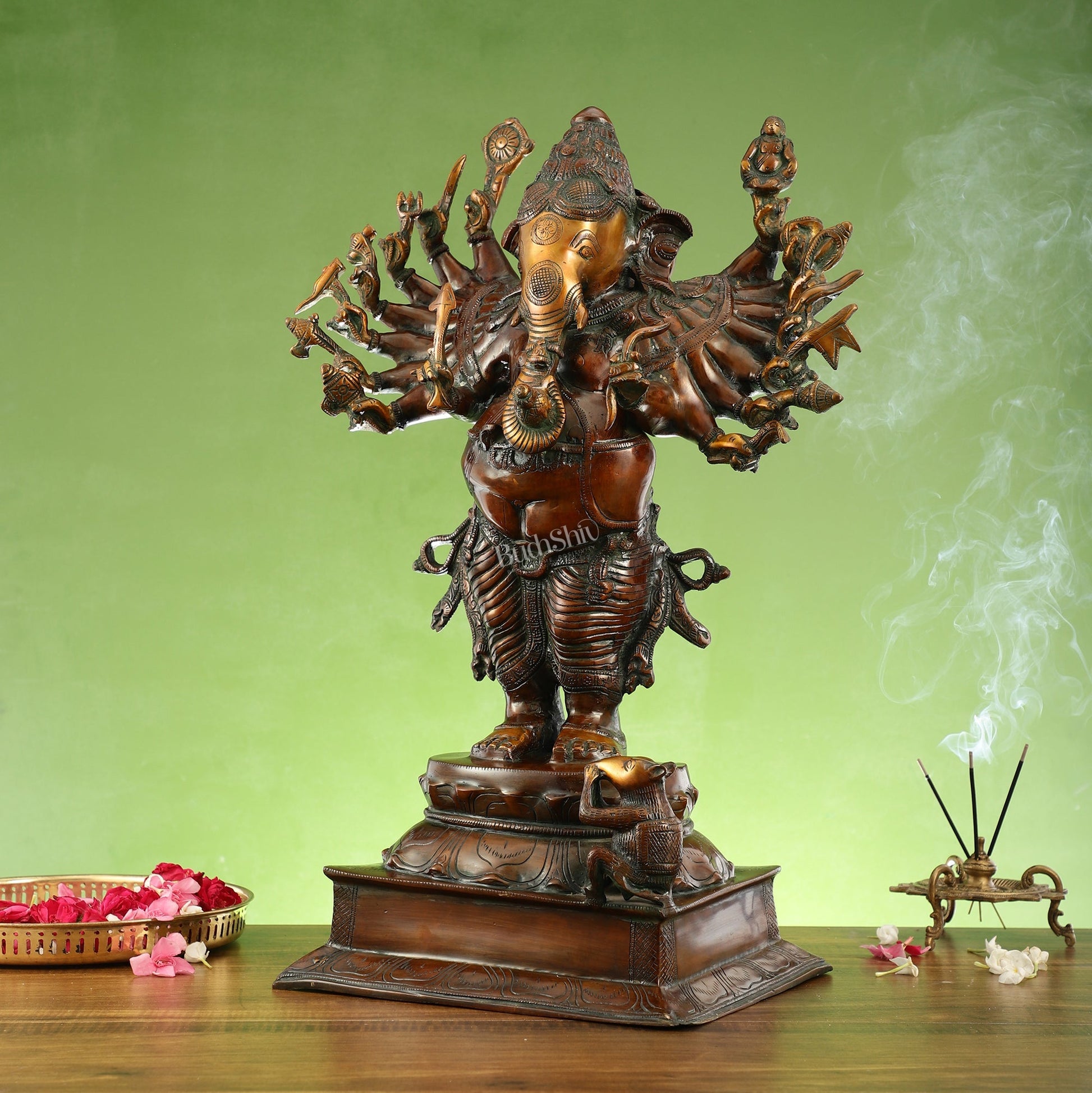 Brass Vira Ganesha Statue with 16 Arms - 24 Inches | Brown Antique & Gold Finish