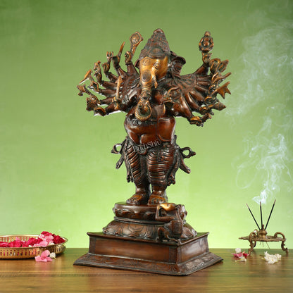 Brass Vira Ganesha Statue with 16 Arms - 24 Inches | Brown Antique & Gold Finish
