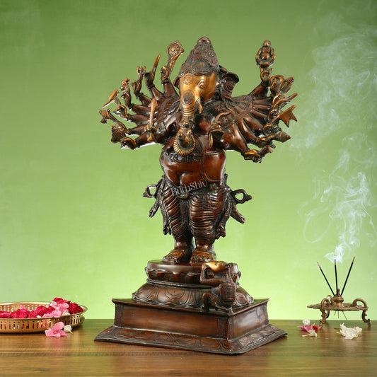 Brass Vira Ganesha Statue with 16 Arms - 24 Inches | Brown Antique & Gold Finish