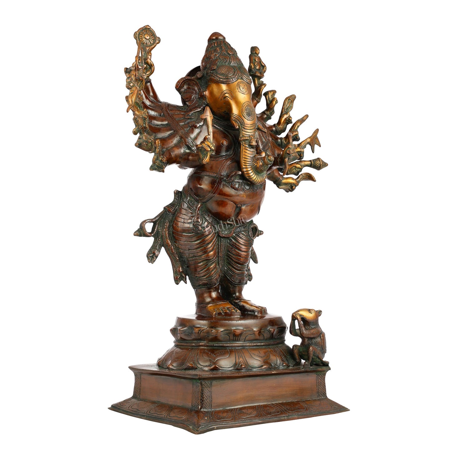 Brass Vira Ganesha Statue with 16 Arms - 24 Inches | Brown Antique & Gold Finish