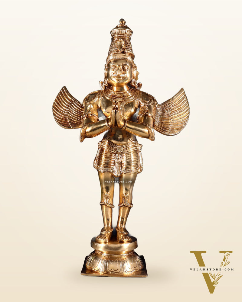 Brass Standing Garuda Dev Statue - Golden Finish, 22" Tall, 11 kg